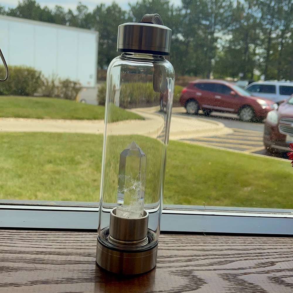 Crystal water bottle. Glass bottle.